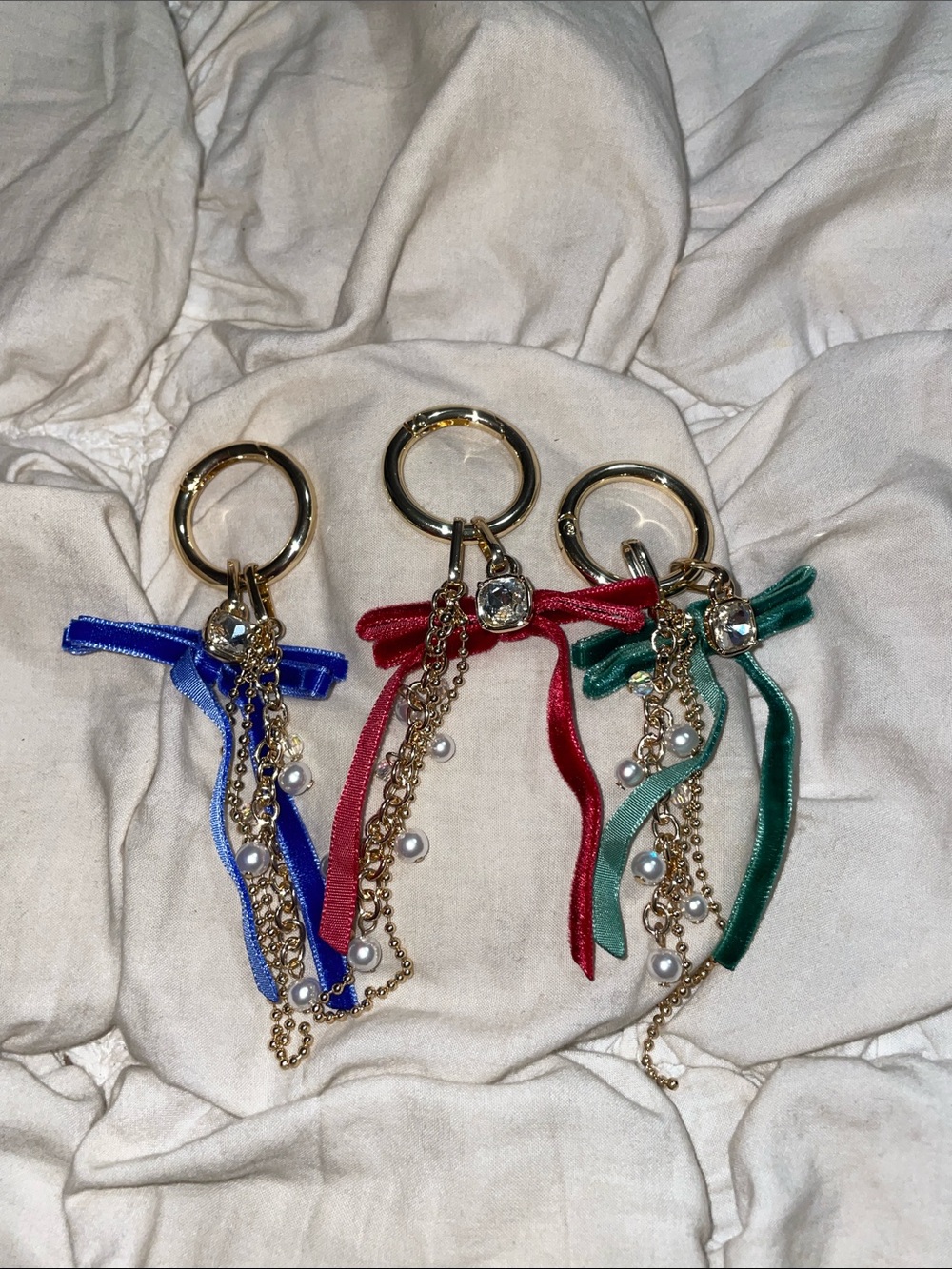 Free People Gold Tone Velvet Bow and Pearl Charm Keychain Set Coquette Chic